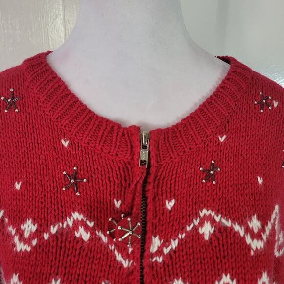 Croft & Barrow Size L Vintage Red Ugly Christmas Full Zip Cardigan Snowmen - Picture 3 of 10